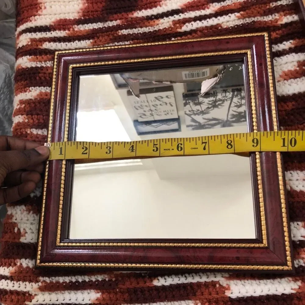 Retro Wood Framed Wall Hanging Mirror Gold Trim Set Bundle Lot-2 Square Diamond